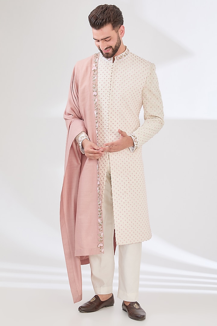 Off-White Georgette Thread Hand Embroidered Sherwani Set by Sulakshna Jasra