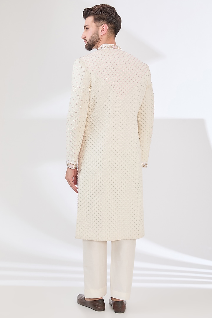Off-White Georgette Thread Hand Embroidered Wedding Sherwani Set by Sulakshna Jasra at Pernia's Pop Up Shop