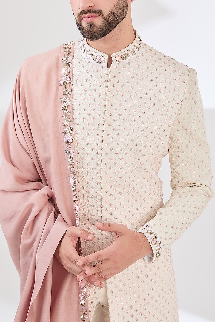 Off-White Georgette Thread Hand Embroidered Wedding Sherwani Set by Sulakshna Jasra at Pernia's Pop Up Shop