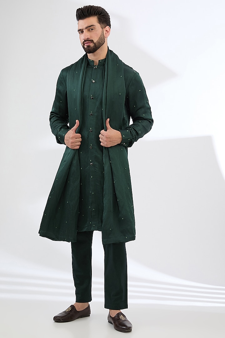 Bottle Green Linen Satin French Knot Embroidered Kurta Set by Sulakshna Jasra at Pernia's Pop Up Shop