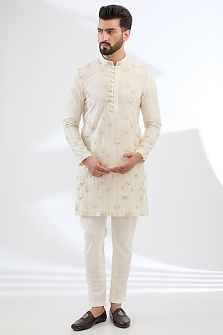 Off-White Cotton Silk Jacquard Dori Work Kurta Set by Sulakshna Jasra