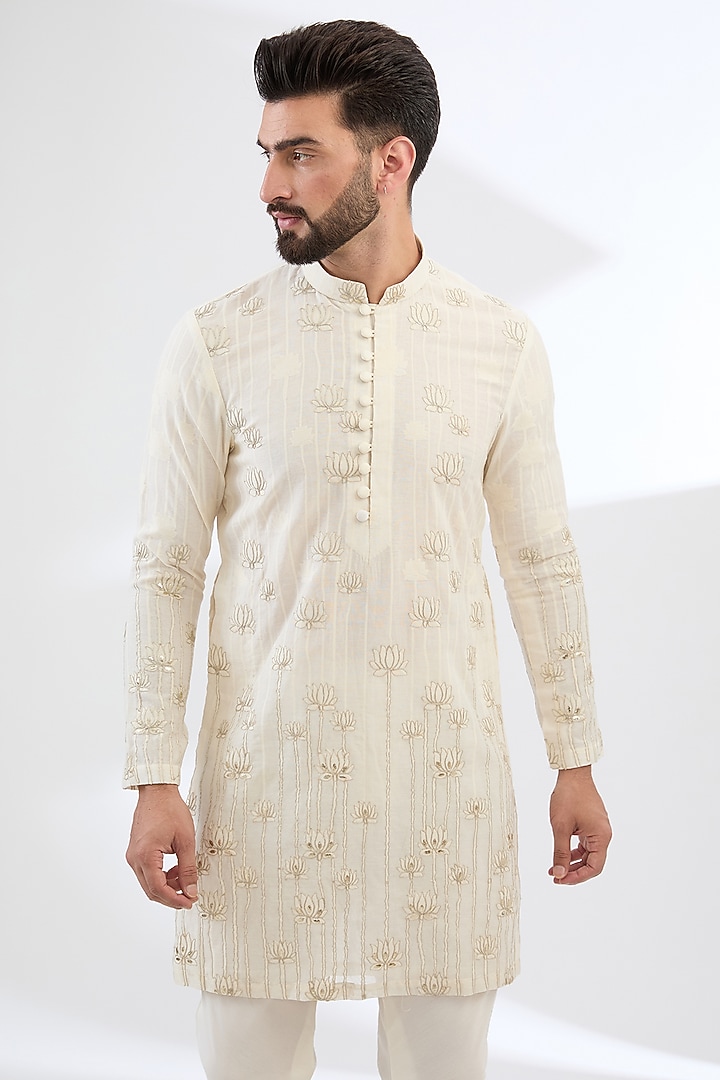 Off-White Cotton Silk Jacquard Dori Work Kurta Set by Sulakshna Jasra at Pernia's Pop Up Shop