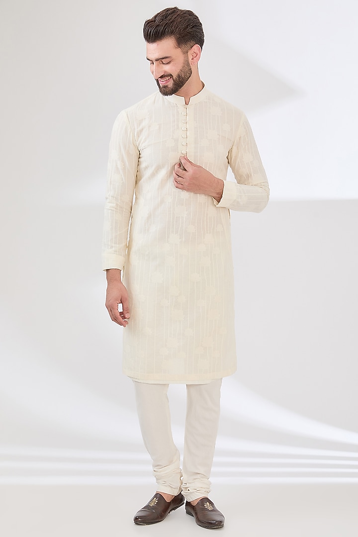 Ivory Satin Linen Thread Hand Embroidered Indo-Western Set by Sulakshna Jasra at Pernia's Pop Up Shop