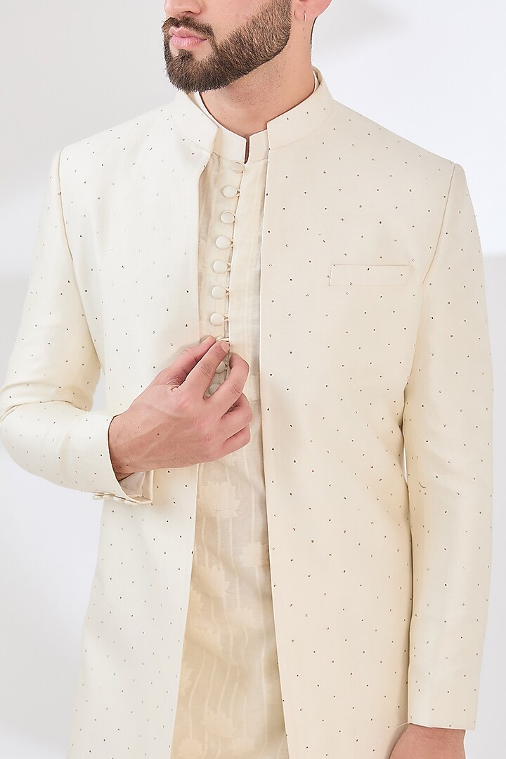 Ivory Satin Linen Thread Hand Embroidered Indo-Western Set by Sulakshna Jasra at Pernia's Pop Up Shop