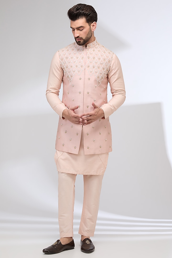 Blush Pink Chanderi Silk & Slub Cotton Silk Hand Embroidered Nehru Jacket Set by Sulakshna Jasra