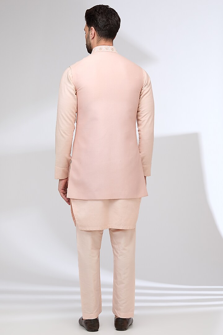 Blush Pink Chanderi Silk & Slub Cotton Silk Hand Embroidered Nehru Jacket Set by Sulakshna Jasra at Pernia's Pop Up Shop