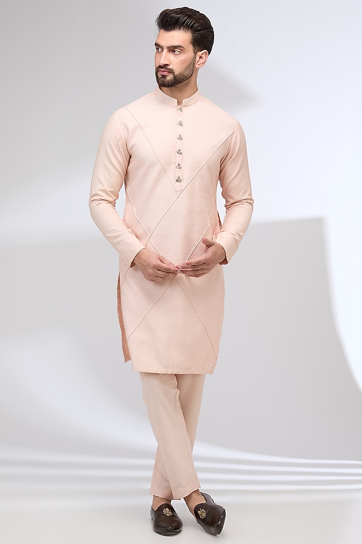 Blush Pink Chanderi Silk & Slub Cotton Silk Hand Embroidered Nehru Jacket Set by Sulakshna Jasra at Pernia's Pop Up Shop