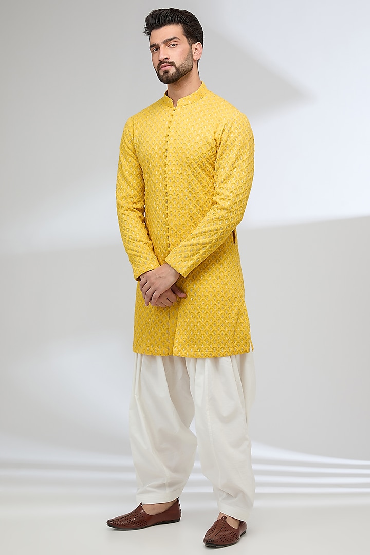 Yellow Georgette & Cotton Silk Thread Embroidered Kurta Set by Sulakshna Jasra