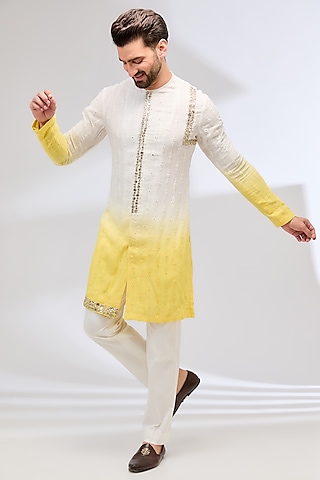 Yellow Georgette & Cotton Silk Gota Patti Embroidered Kurta Set by Sulakshna Jasra