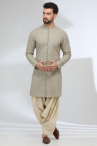 Nude Green-Grey Georgette & Cotton Silk Thread Embroidered Kurta Set by Sulakshna Jasra