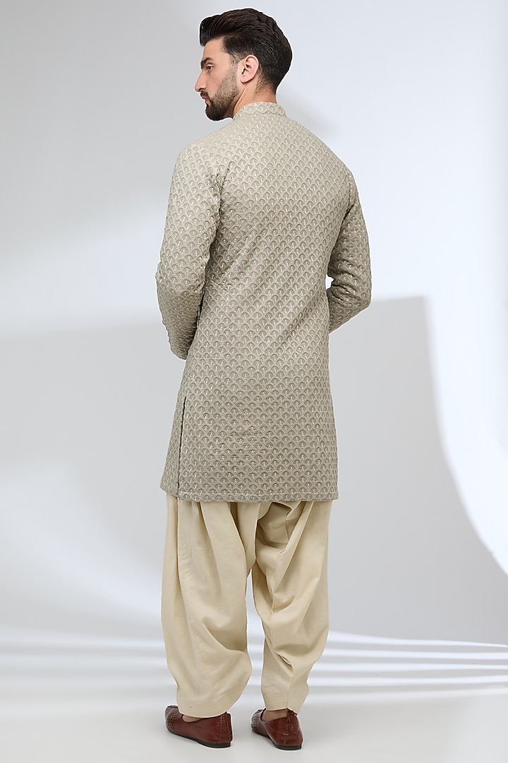 Nude Green-Grey Georgette & Cotton Silk Thread Embroidered Kurta Set by Sulakshna Jasra at Pernia's Pop Up Shop