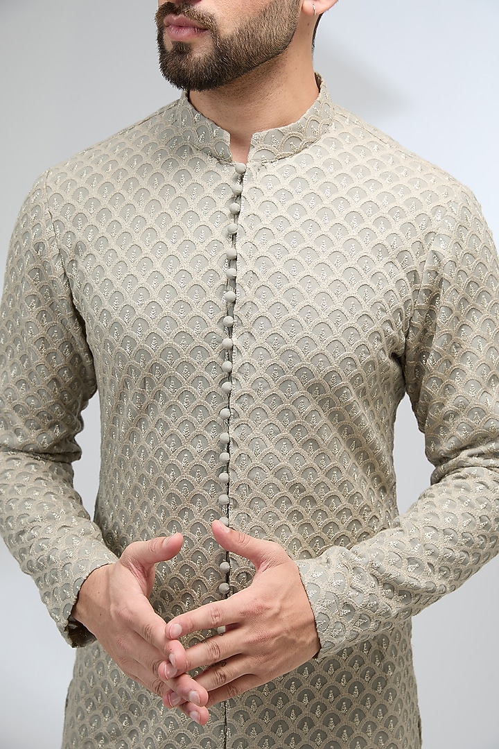 Nude Green-Grey Georgette & Cotton Silk Thread Embroidered Kurta Set by Sulakshna Jasra at Pernia's Pop Up Shop