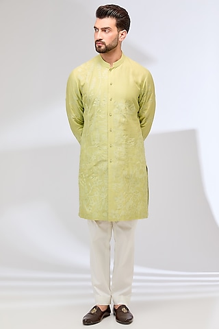 Green Chanderi Silk & Cotton Silk Laser-Cut Embroidered Kurta Set by Sulakshna Jasra