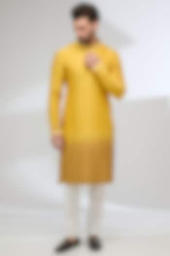 Mustard Yellow Chanderi Silk & Cotton Silk Dori Work Ombre Kurta Set by Sulakshna Jasra