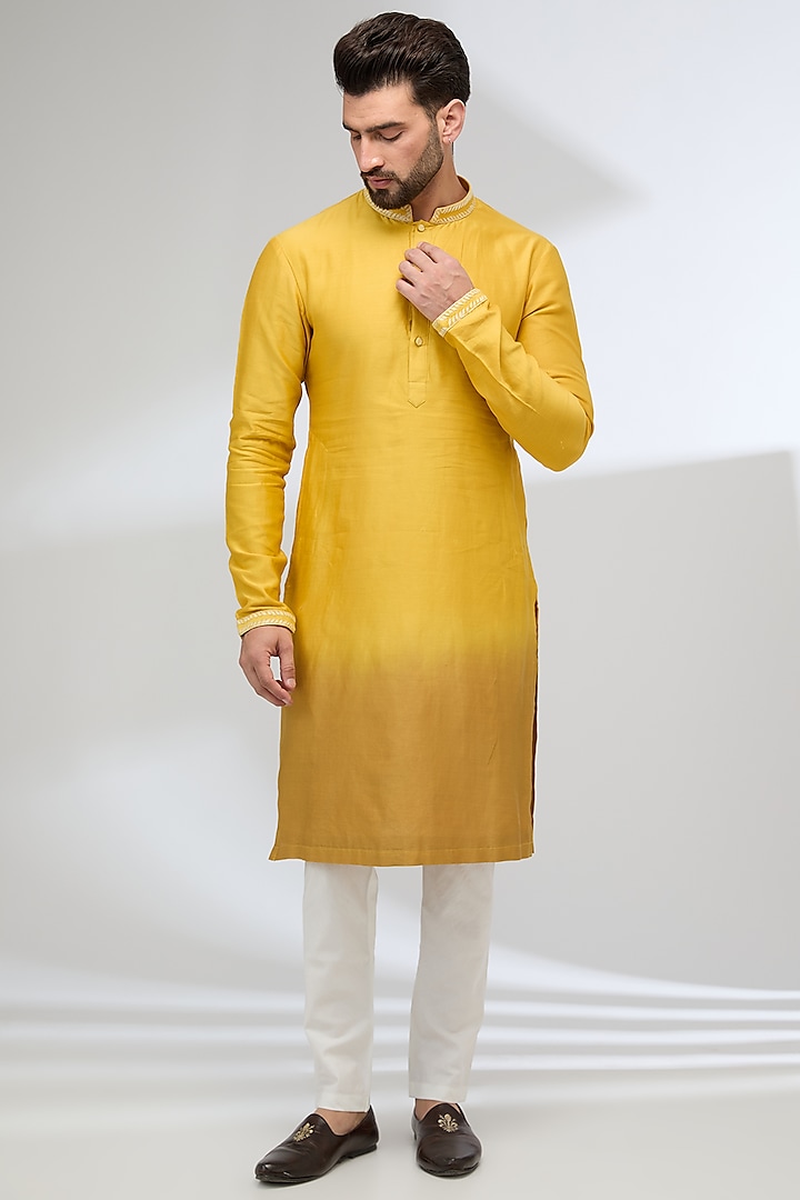 Mustard Yellow Chanderi Silk & Cotton Silk Dori Work Ombre Kurta Set by Sulakshna Jasra