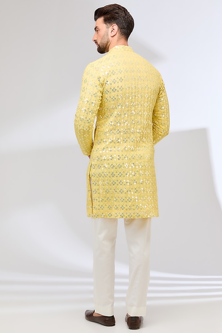 Yellow Georgette & Cotton Silk Thread Embroidered Kurta Set by Sulakshna Jasra at Pernia's Pop Up Shop