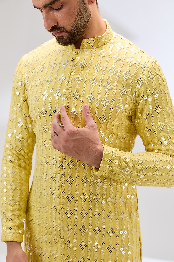 Yellow Georgette & Cotton Silk Thread Embroidered Kurta Set by Sulakshna Jasra at Pernia's Pop Up Shop