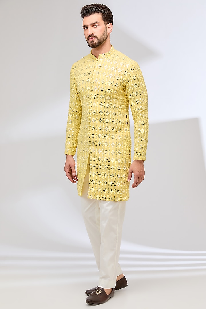 Yellow Georgette & Cotton Silk Thread Embroidered Kurta Set by Sulakshna Jasra at Pernia's Pop Up Shop