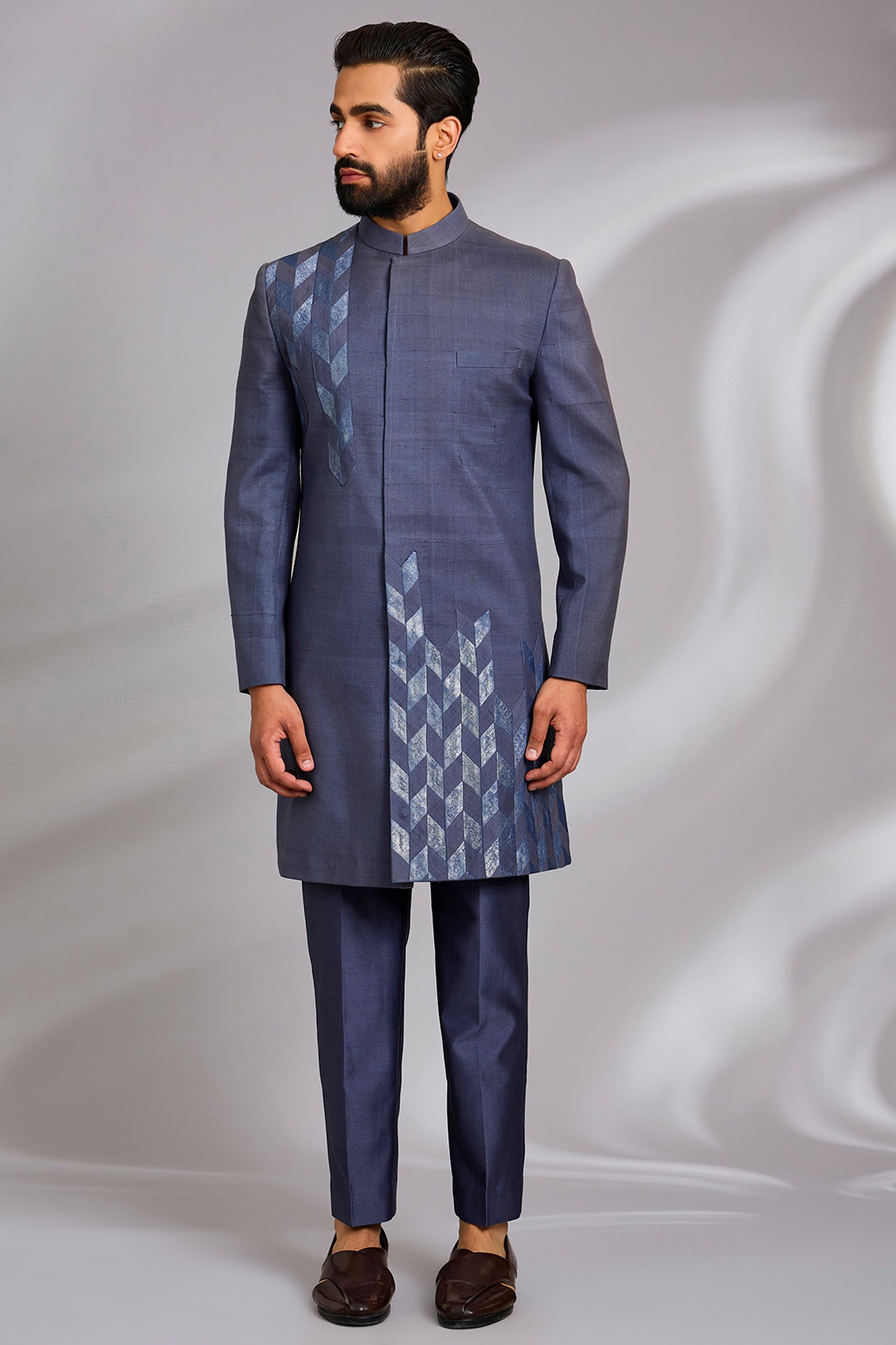 Sulakshna Jasra Charcoal Grey Moonga Silk Indo-Western Set