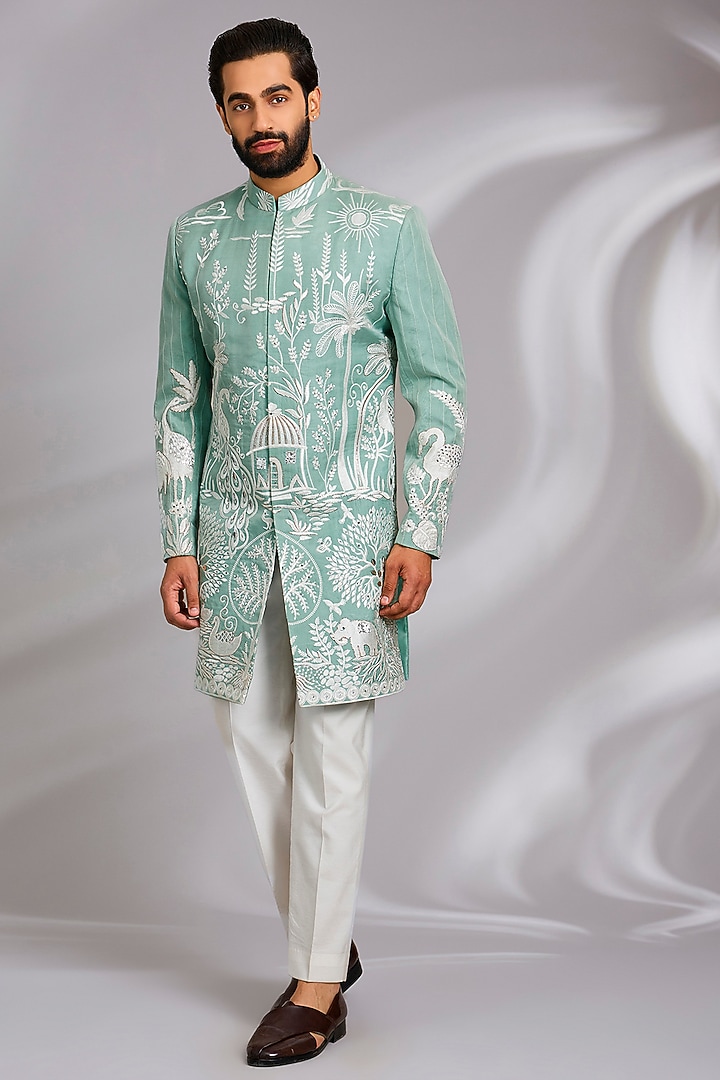 Pastel Green Organza Hand Embroidered Indo-Western Set by Sulakshna Jasra at Pernia's Pop Up Shop