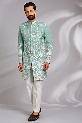 Pastel Green Organza Hand Embroidered Indo-Western Set by Sulakshna Jasra