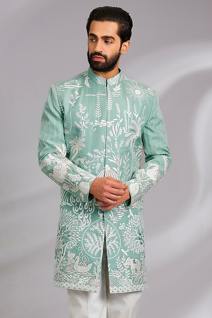 Pastel Green Organza Hand Embroidered Indo-Western Set by Sulakshna Jasra at Pernia's Pop Up Shop