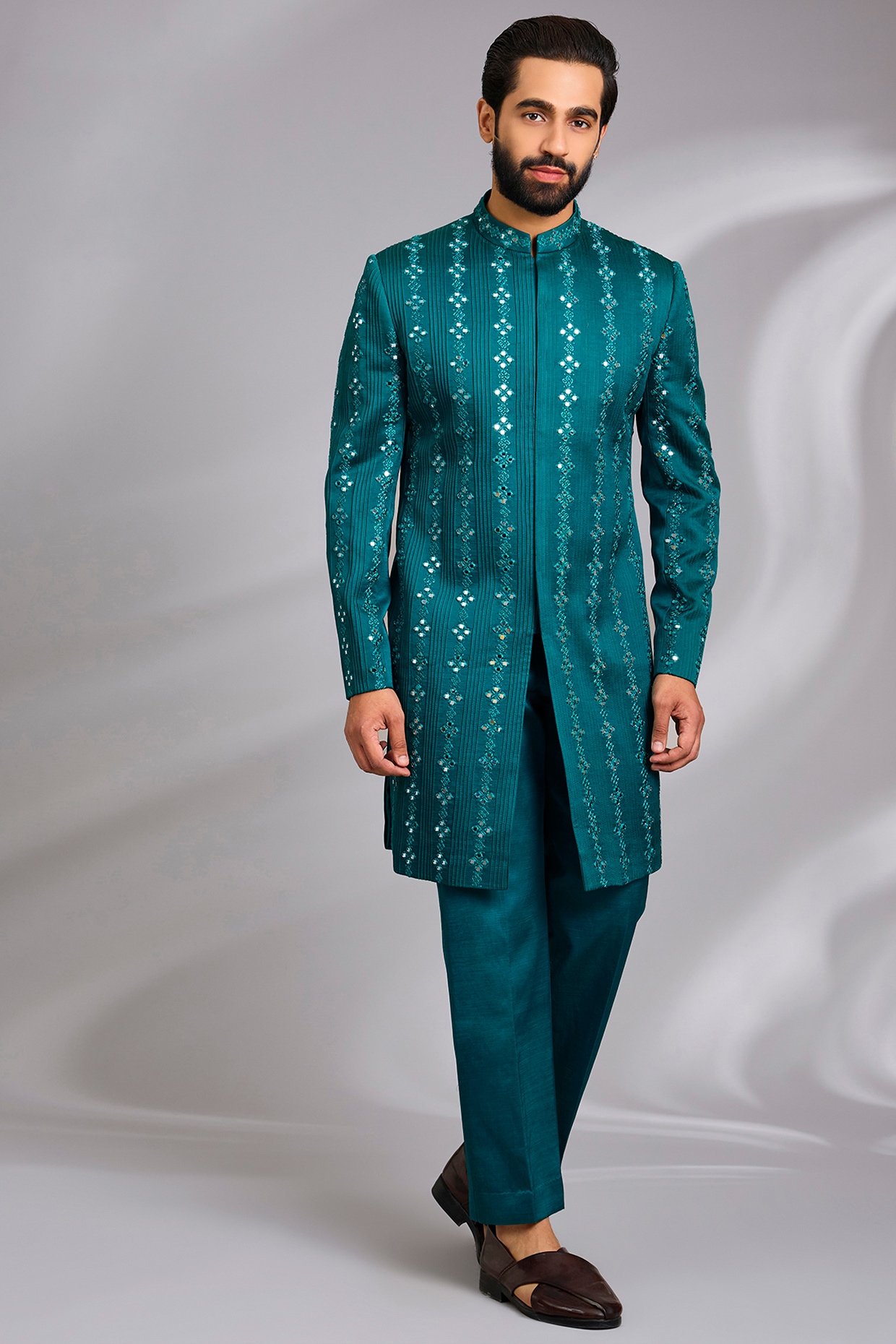 Sulakshna Jasra Teal Linen Mirror Hand Embroidered Indo-Western Set