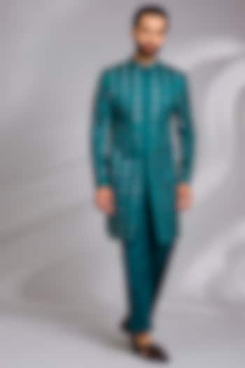Teal Linen Mirror Hand Embroidered Indo-Western Set by Sulakshna Jasra at Pernia's Pop Up Shop
