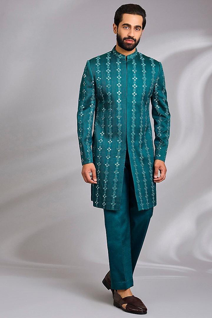 Teal Linen Mirror Hand Embroidered Indo-Western Set by Sulakshna Jasra at Pernia's Pop Up Shop