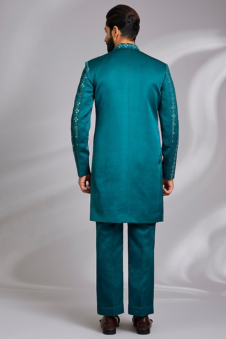 Teal Linen Mirror Hand Embroidered Indo-Western Set by Sulakshna Jasra at Pernia's Pop Up Shop