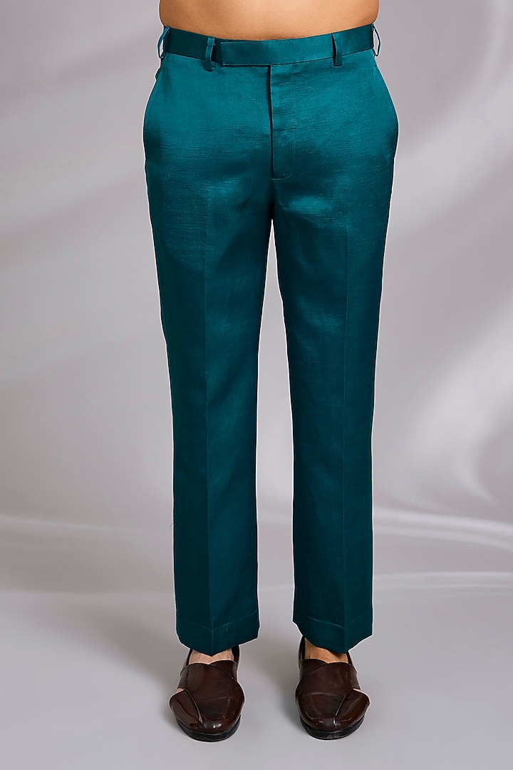 Teal Linen Mirror Hand Embroidered Indo-Western Set by Sulakshna Jasra at Pernia's Pop Up Shop