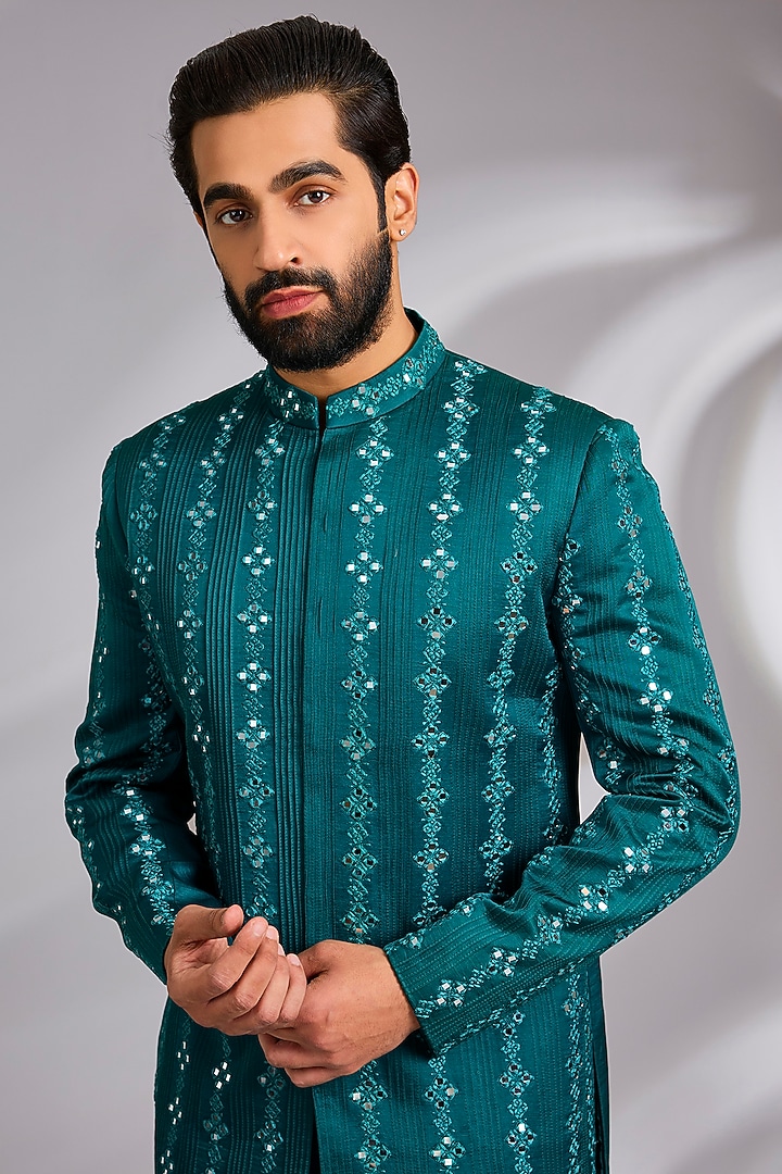 Teal Linen Mirror Hand Embroidered Indo-Western Set by Sulakshna Jasra at Pernia's Pop Up Shop