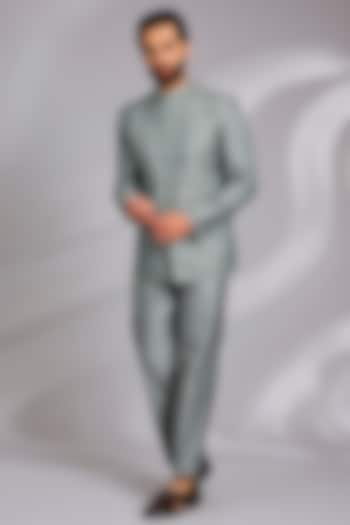 Dusty Blue Matka Silk Hand Embroidered Wedding Bandhgala Set by Sulakshna Jasra at Pernia's Pop Up Shop