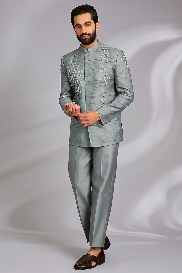 Dusty Blue Matka Silk Hand Embroidered Wedding Bandhgala Set by Sulakshna Jasra at Pernia's Pop Up Shop