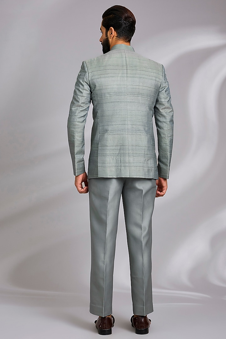 Dusty Blue Matka Silk Hand Embroidered Wedding Bandhgala Set by Sulakshna Jasra at Pernia's Pop Up Shop