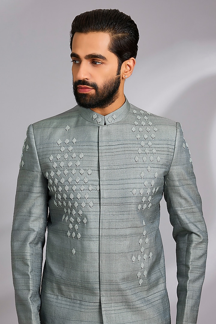 Dusty Blue Matka Silk Hand Embroidered Wedding Bandhgala Set by Sulakshna Jasra at Pernia's Pop Up Shop