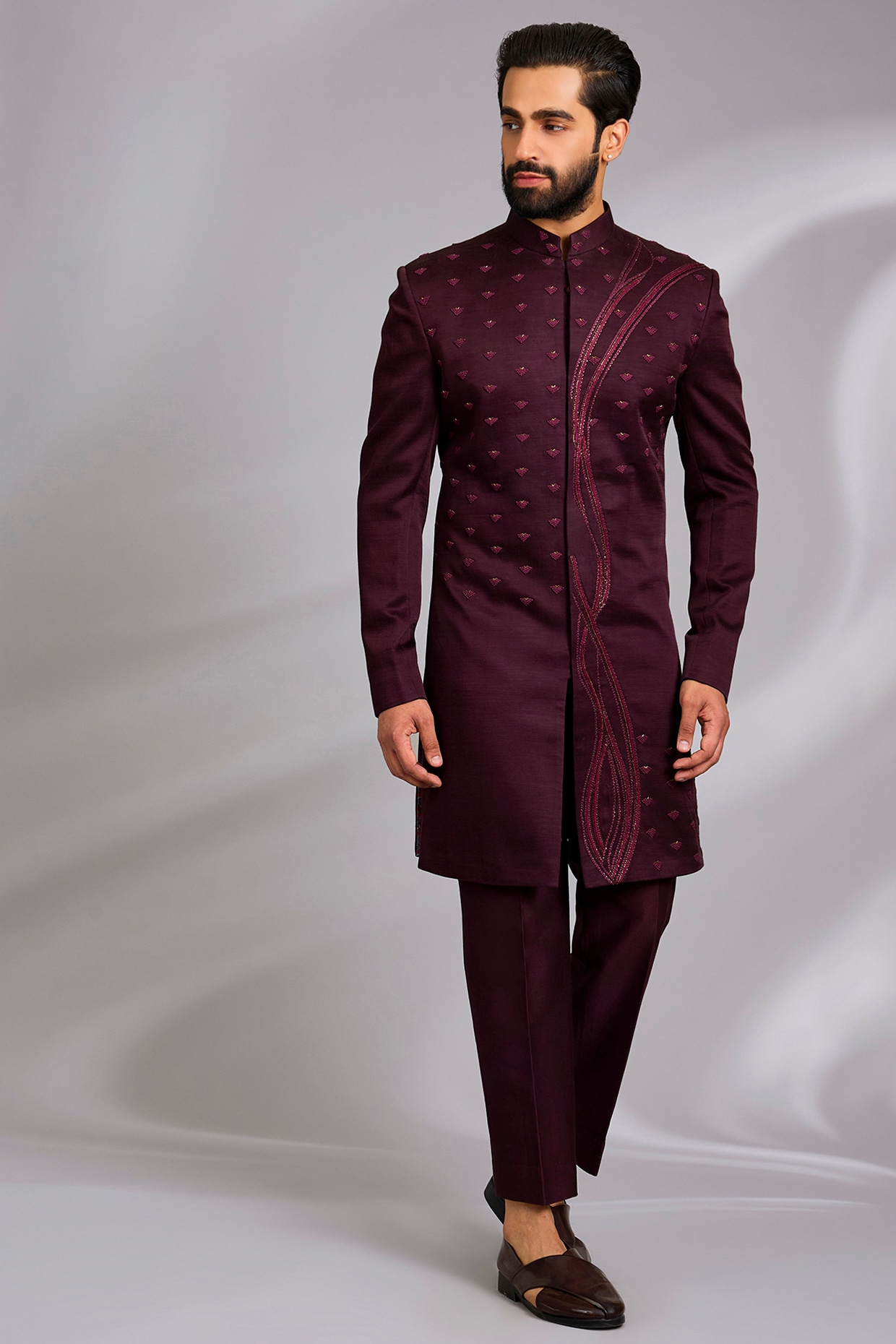 Sulakshna Jasra Wine Linen Hand Embroidered Indo-Western Set