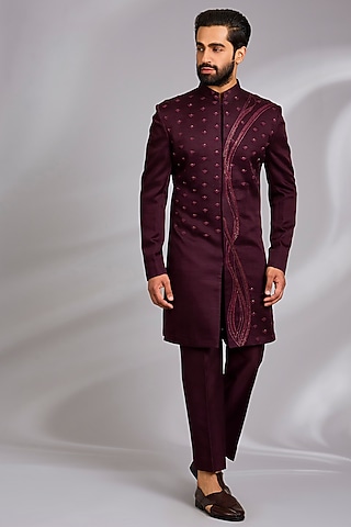 Wine Linen Hand Embroidered Indo-Western Set by Sulakshna Jasra
