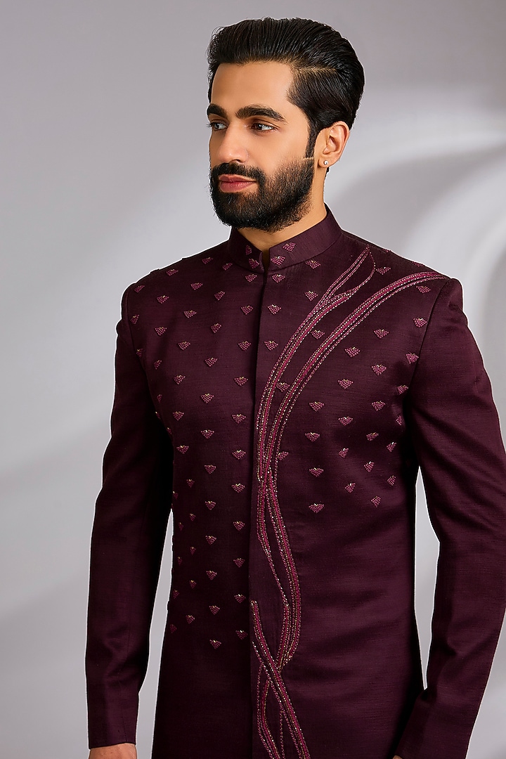 Wine Linen Hand Embroidered Indo-Western Set by Sulakshna Jasra at Pernia's Pop Up Shop