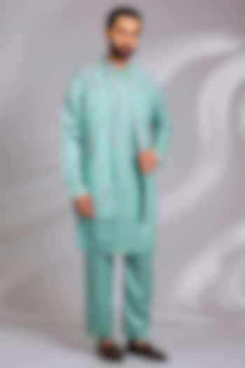Pastel Teal Moonga Silk Hand Embroidered Nehru Jacket Set by Sulakshna Jasra at Pernia's Pop Up Shop