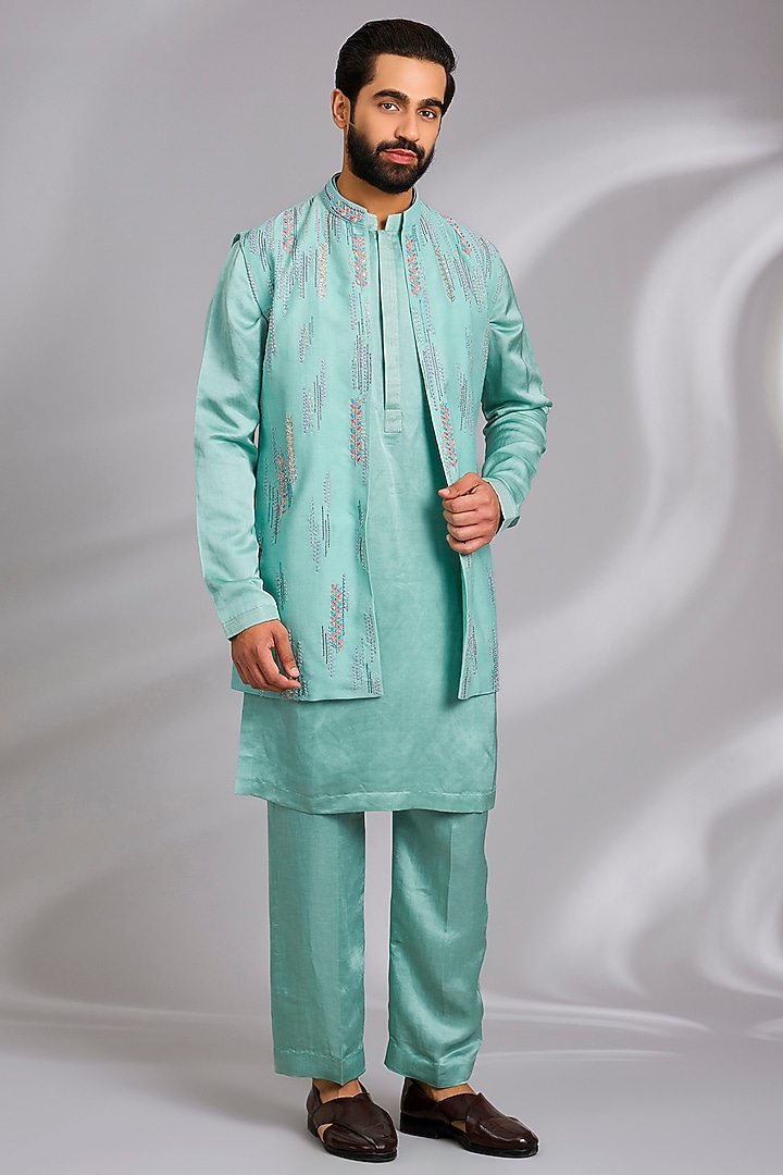 Pastel Teal Moonga Silk Hand Embroidered Nehru Jacket Set by Sulakshna Jasra at Pernia's Pop Up Shop
