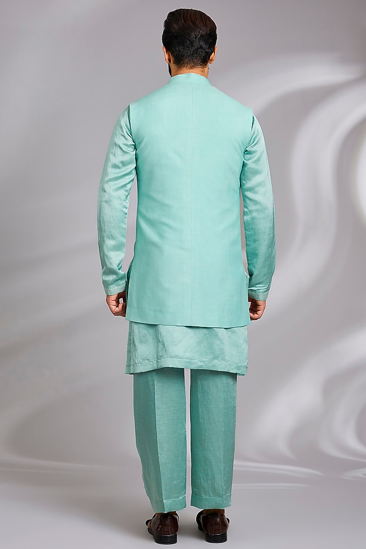 Pastel Teal Moonga Silk Hand Embroidered Nehru Jacket Set by Sulakshna Jasra at Pernia's Pop Up Shop