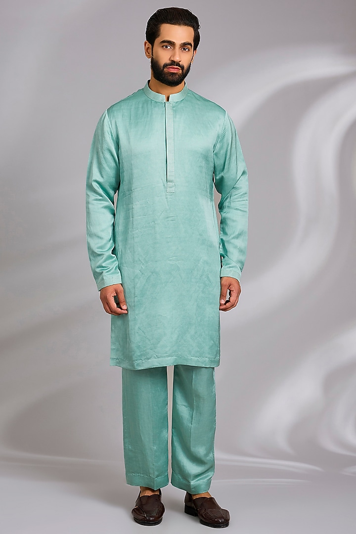 Pastel Teal Moonga Silk Hand Embroidered Nehru Jacket Set by Sulakshna Jasra at Pernia's Pop Up Shop
