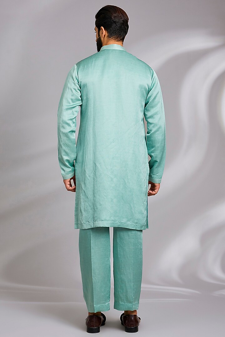 Pastel Teal Moonga Silk Hand Embroidered Nehru Jacket Set by Sulakshna Jasra at Pernia's Pop Up Shop