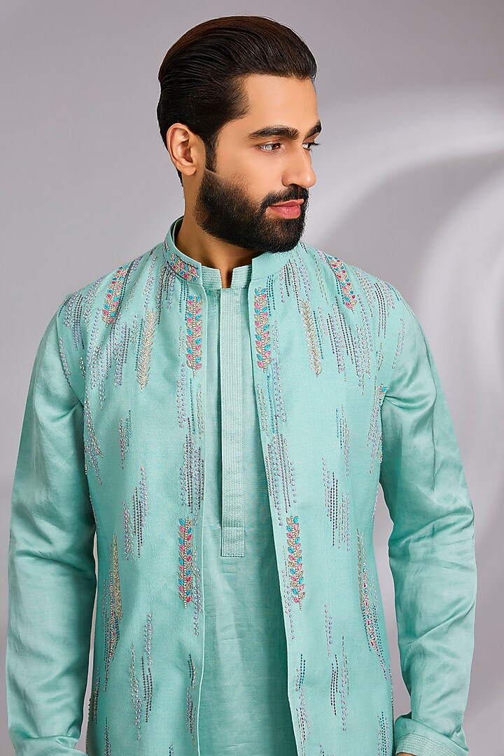 Pastel Teal Moonga Silk Hand Embroidered Nehru Jacket Set by Sulakshna Jasra at Pernia's Pop Up Shop