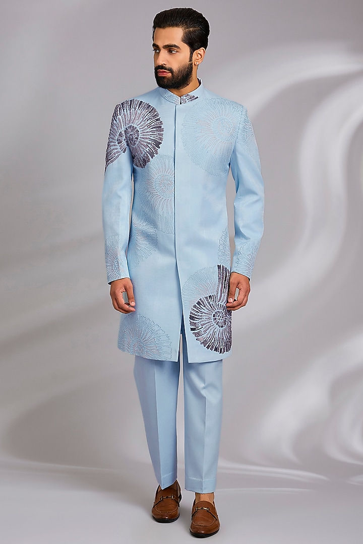 Powder Blue Sandwash Thread Embroidered Indo-Western Set by Sulakshna Jasra at Pernia's Pop Up Shop