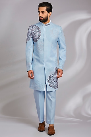 Powder Blue Sandwash Thread Embroidered Indo-Western Set by Sulakshna Jasra