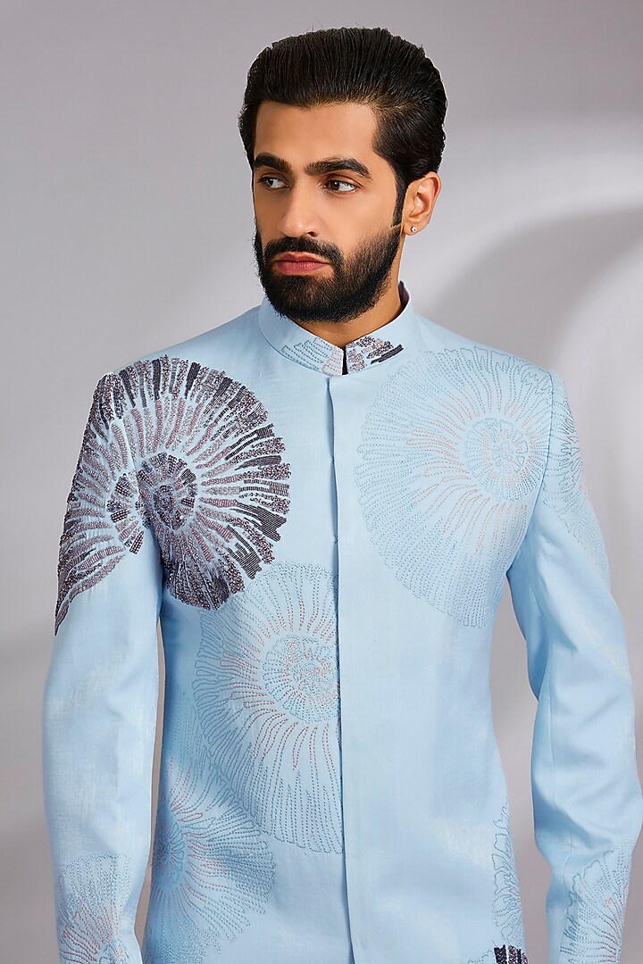 Powder Blue Sandwash Thread Embroidered Indo-Western Set by Sulakshna Jasra at Pernia's Pop Up Shop