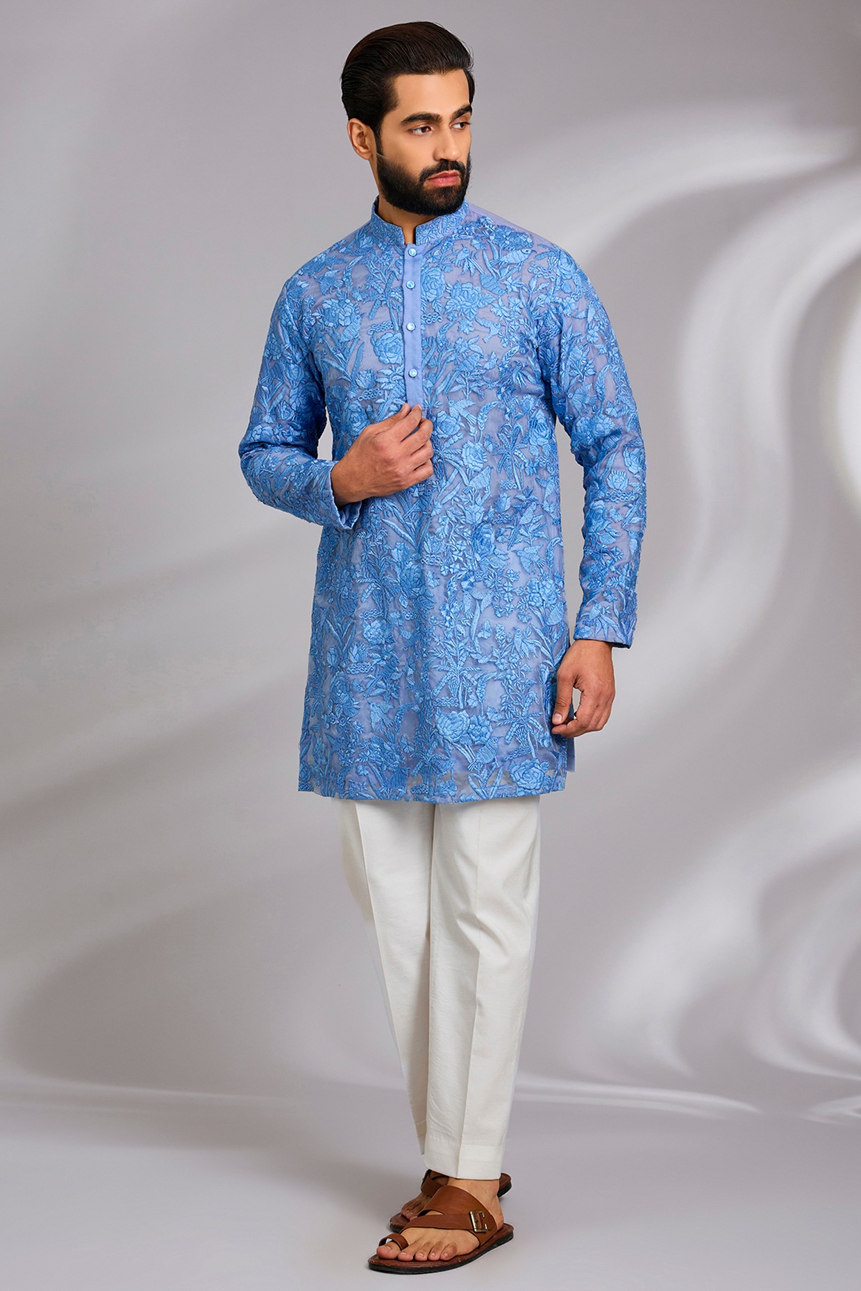 Sulakshna Jasra Blue Organza Thread Work Kurta Set