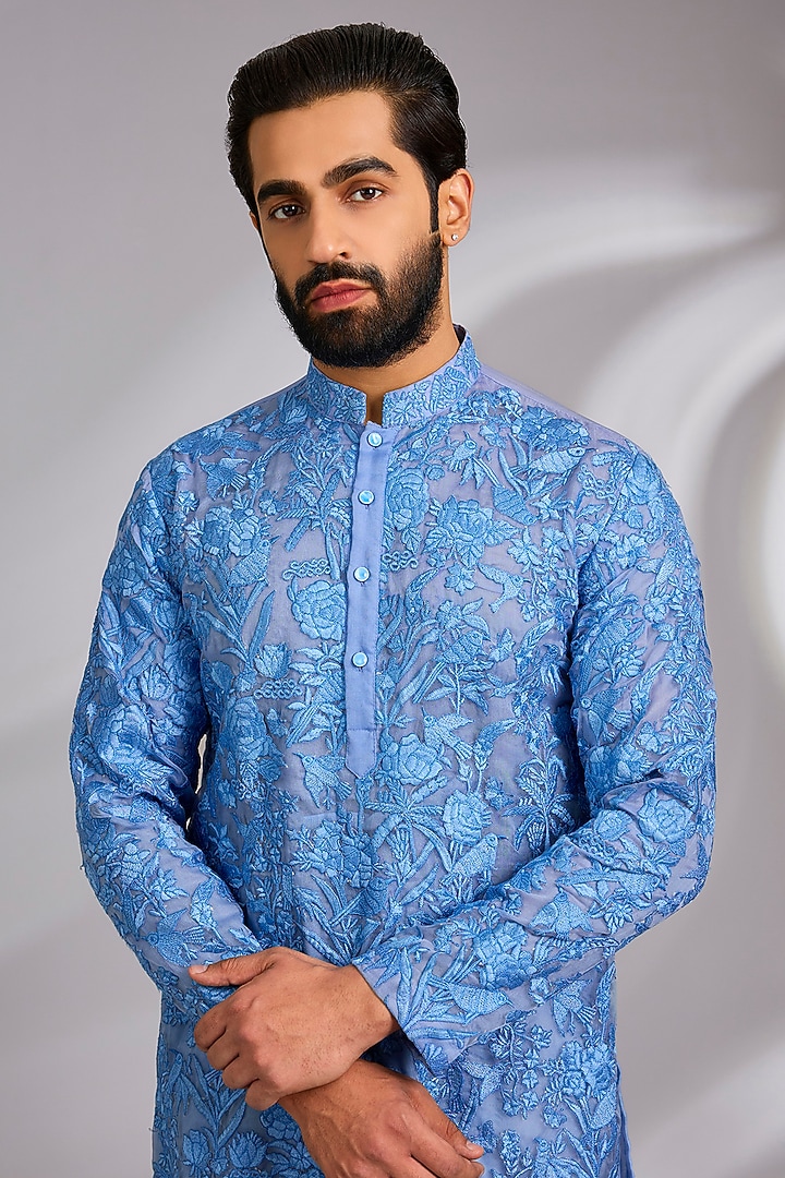Blue Organza Thread Work Kurta Set by Sulakshna Jasra at Pernia's Pop Up Shop